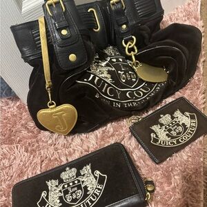Juicy Couture Black and Gold Velvet Scottie’s Handbag Set